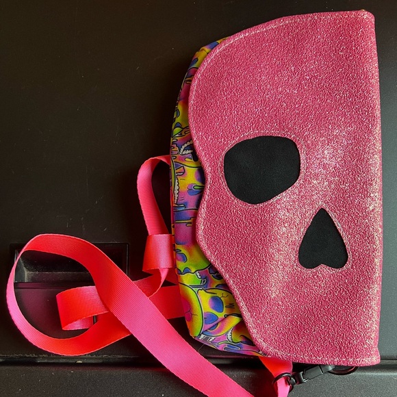 Handmade Handbags - Skull Neon Pink Glitter Drippy Psychedelic Crossbody Bag with Strap